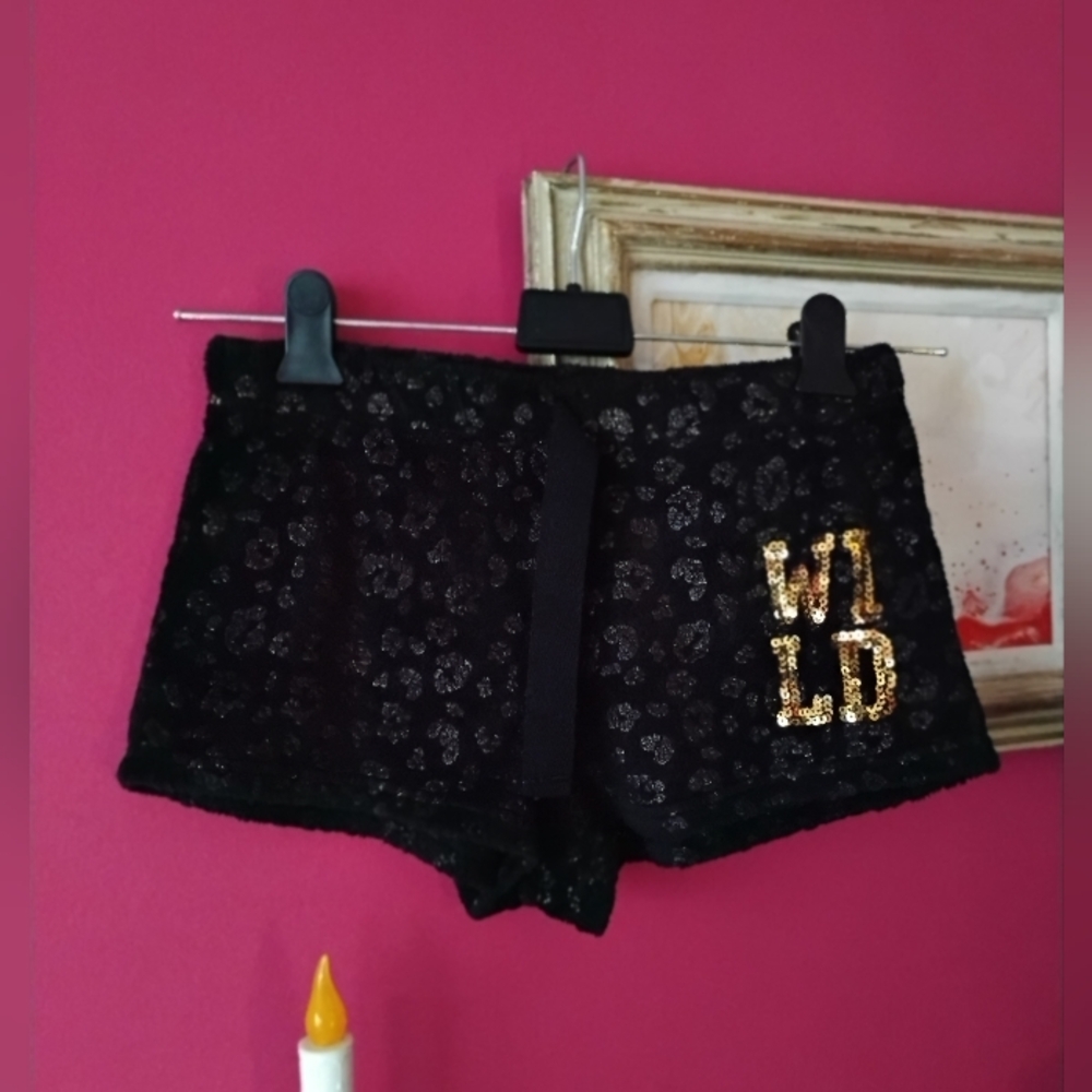 Women's Black Fleece Leopard Print Lounge Shorts - WILD in Gold Sequin - SIZE S